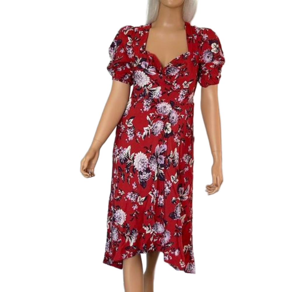 Maeve Anthropologie Red Floral Puff Sleeve Midi Dress 6P Petite High-Low - Picture 3 of 17